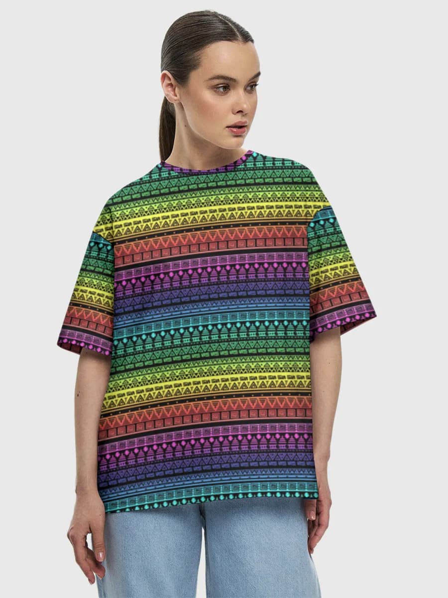Rainbow Tribal Stripes — Women's oversized cotton T-shirt with all-over print, Tribal Art theme
