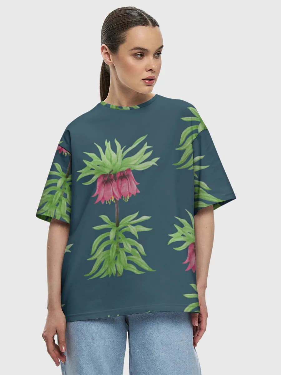 Crown Imperial Watercolor Florals — Women's oversized cotton T-shirt with all-over print, Floral theme
