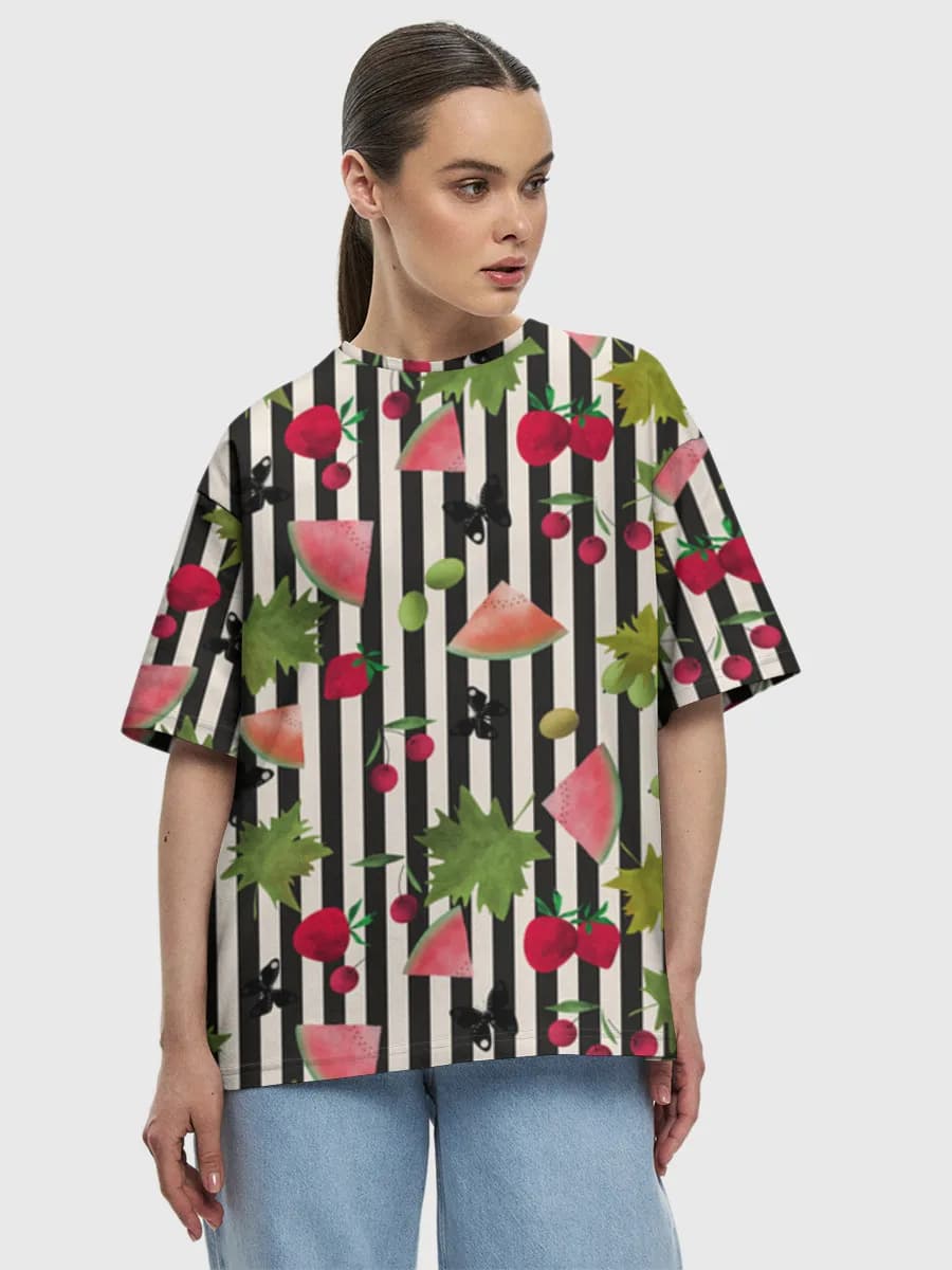 Summer Fruit Stripes — Women's oversized cotton T-shirt with all-over print, Fruit theme
