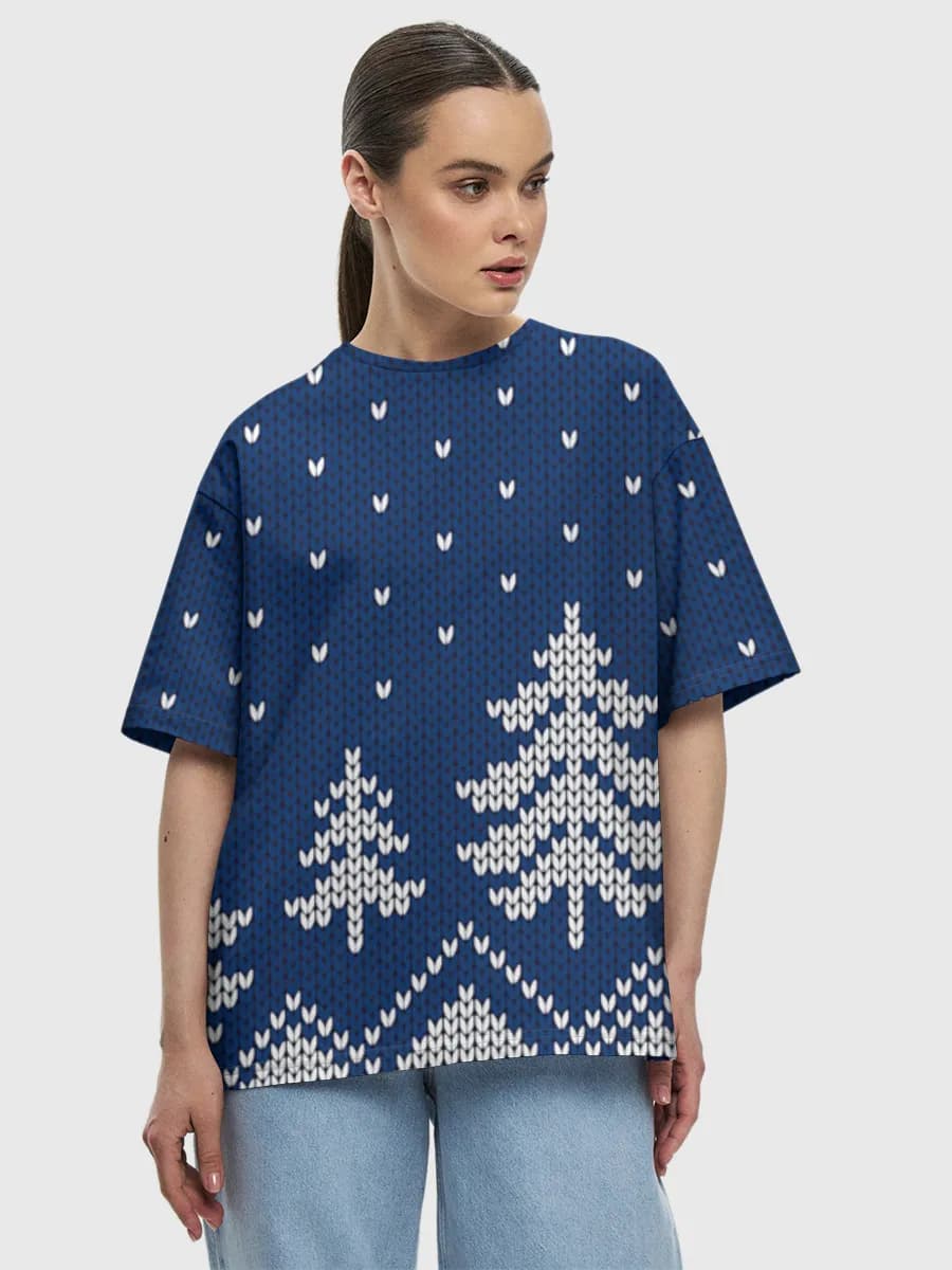 Nordic Winter Knit Scene — Women's oversized cotton T-shirt with all-over print, Winter theme