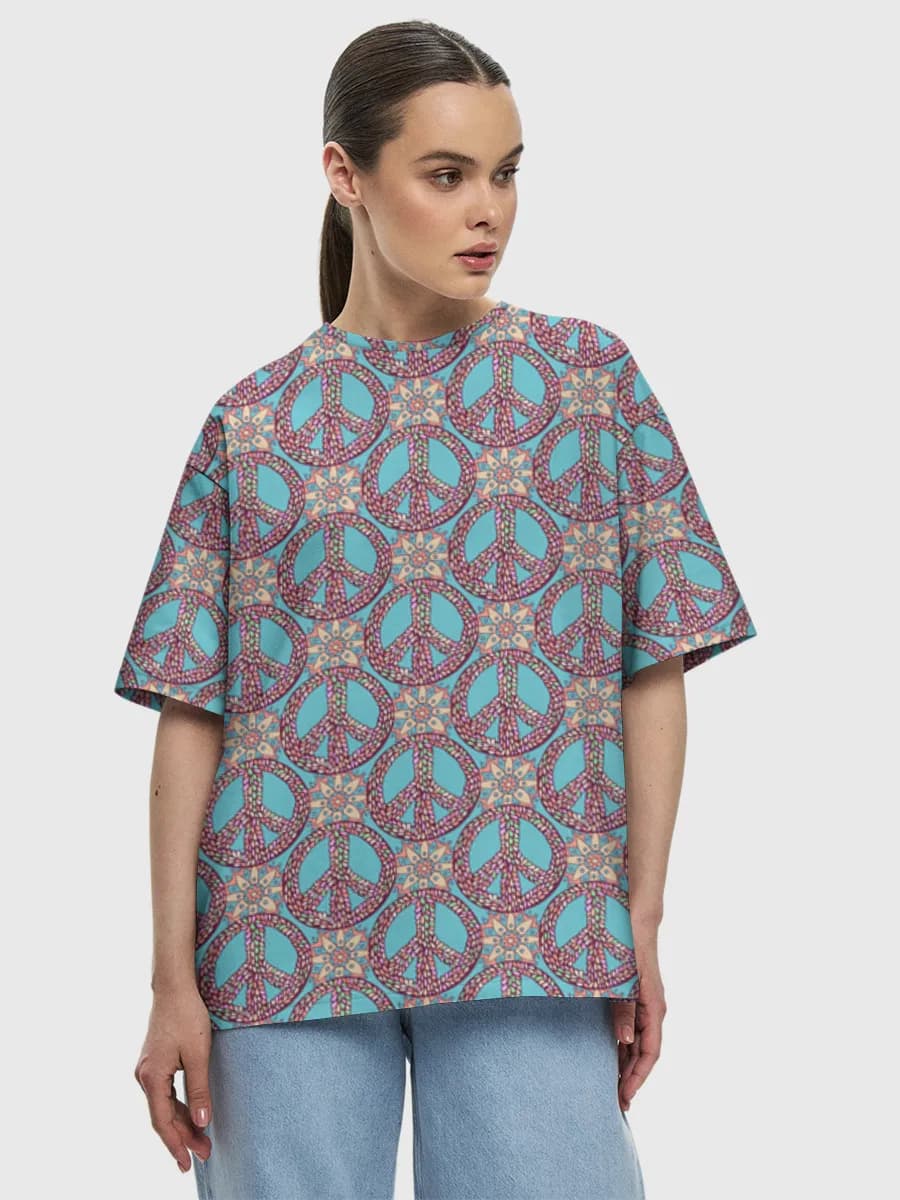 Floral Peace Symbols — Women's oversized cotton T-shirt with all-over print, Peace theme