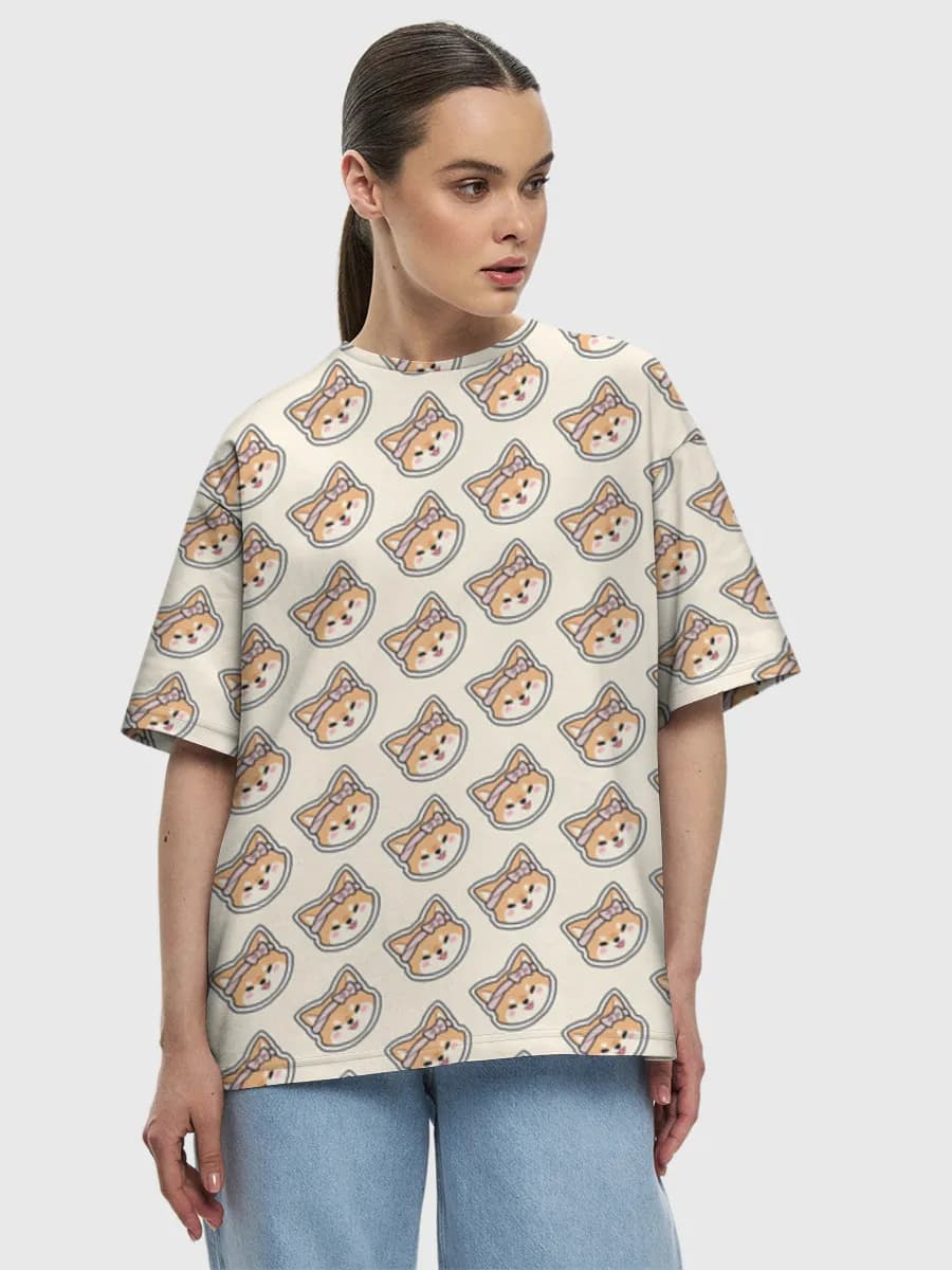 Kawaii Bow Cat Faces — Women's oversized cotton T-shirt with all-over print, Cats theme