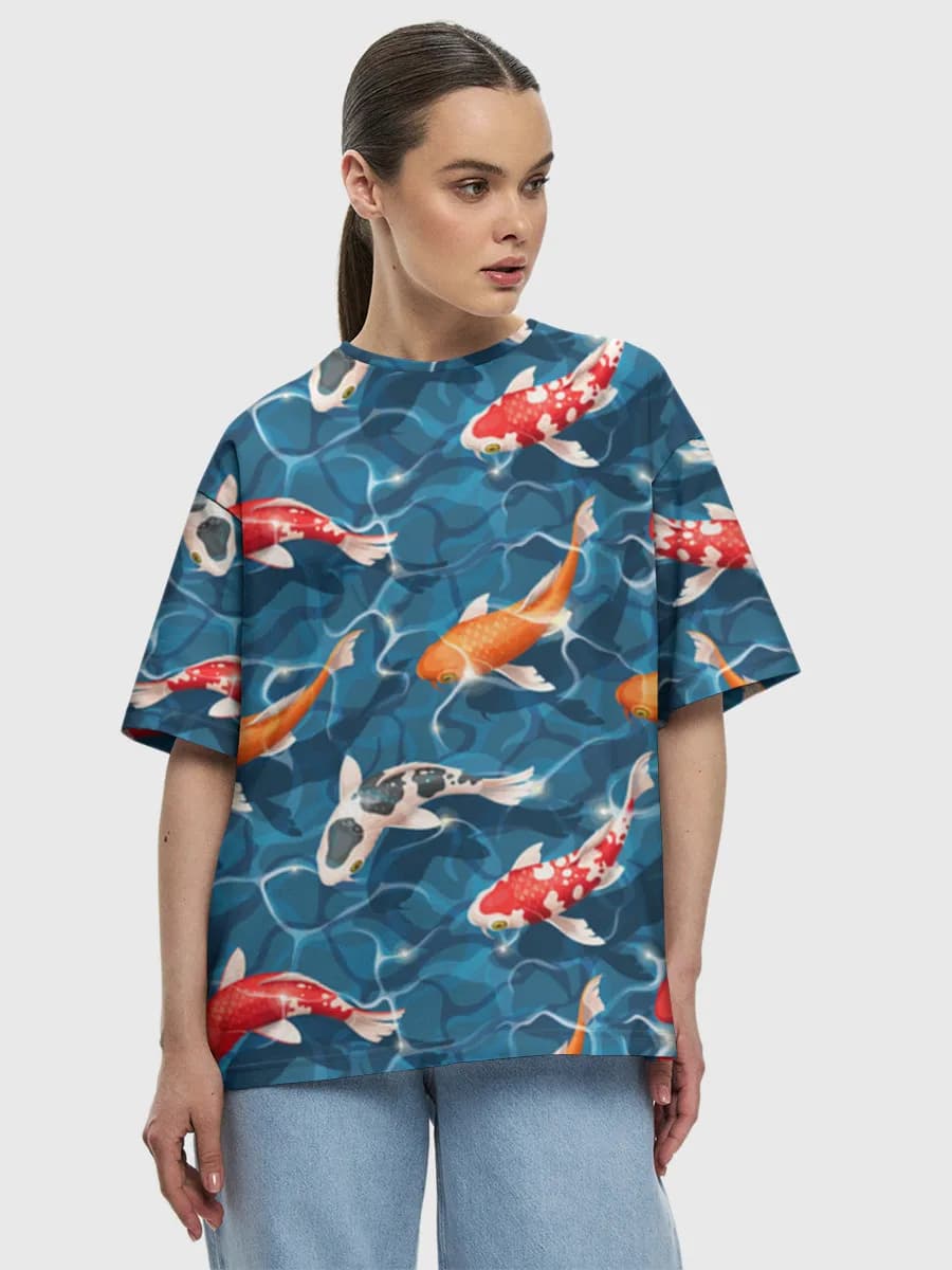 Koi Fish Pond — Women's oversized cotton T-shirt with all-over print, Koi Fish theme