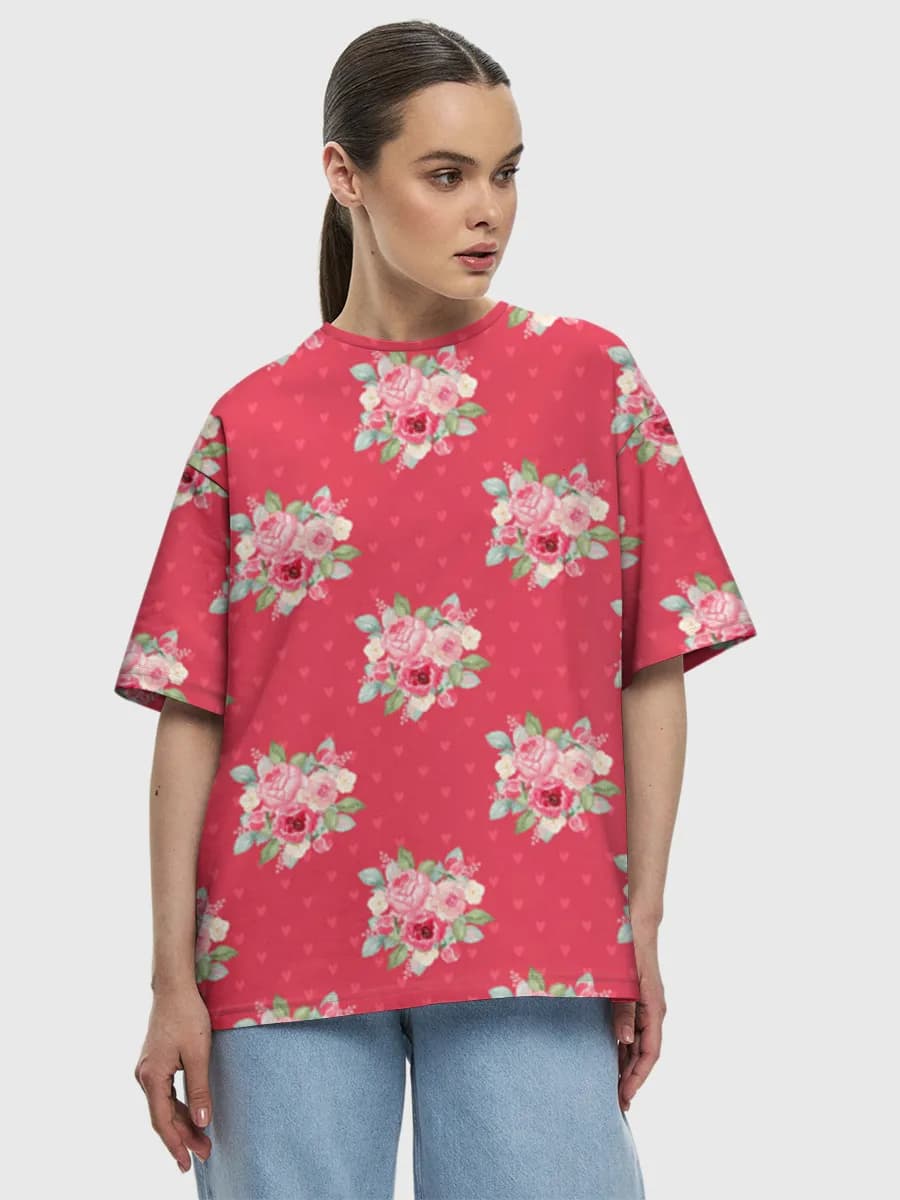 Romantic Rose Bouquets — Women's oversized cotton T-shirt with all-over print, Floral theme