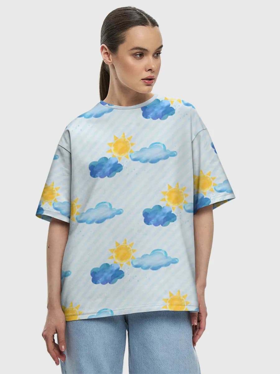 Sunny Sky Watercolor — Women's oversized cotton T-shirt with all-over print, Weather theme