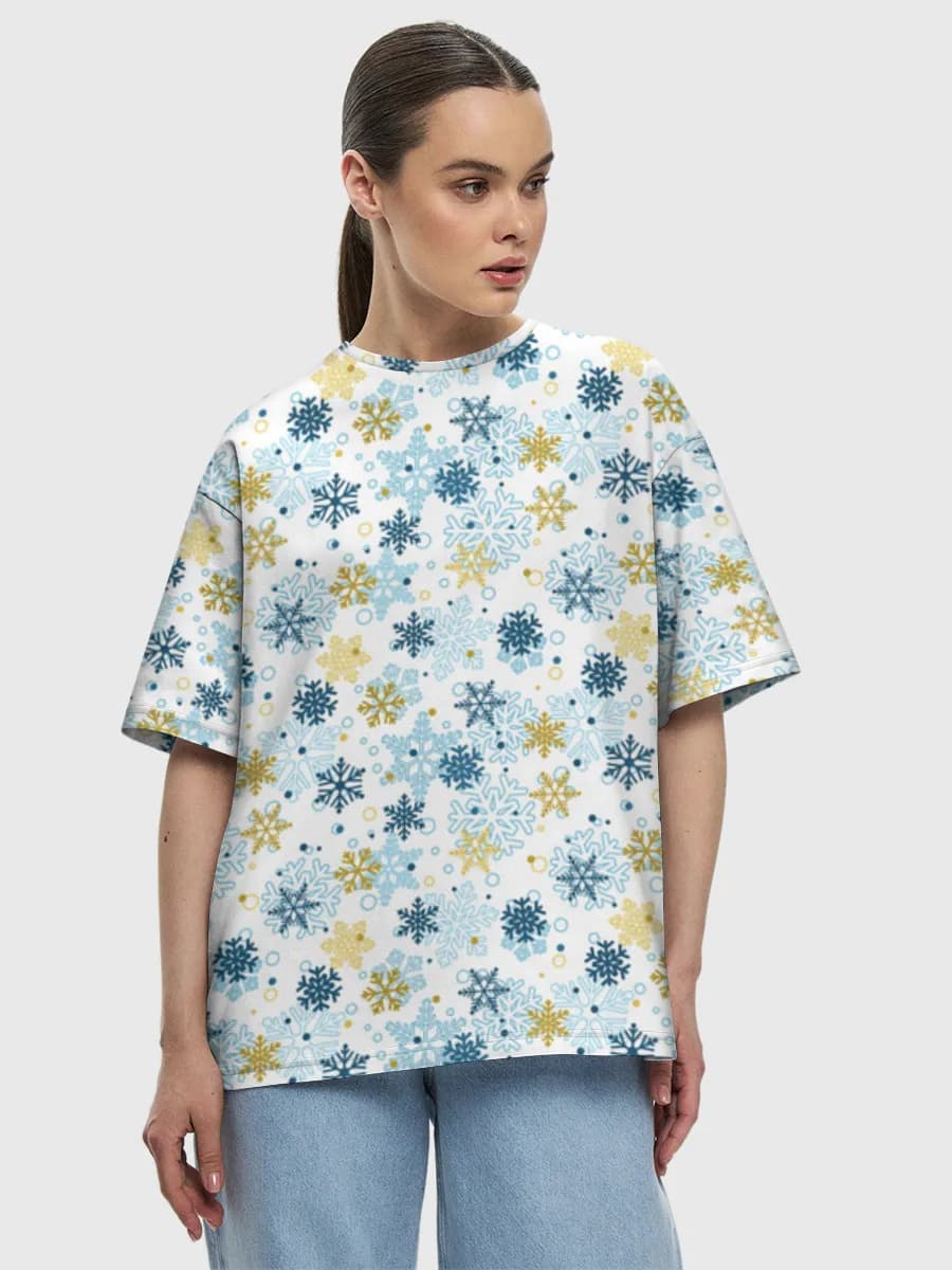 Winter Snowflake Confetti — Women's oversized cotton T-shirt with all-over print, Snowflakes theme