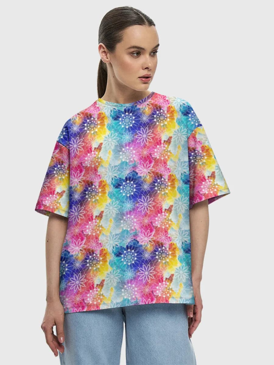 Rainbow Mandala Watercolor — Women's oversized cotton T-shirt with all-over print, Mandala theme