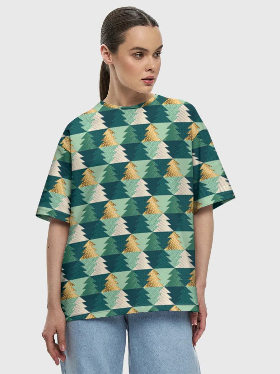 Geometric Christmas Trees — Women's oversized cotton T-shirt with all-over print, Holidays theme