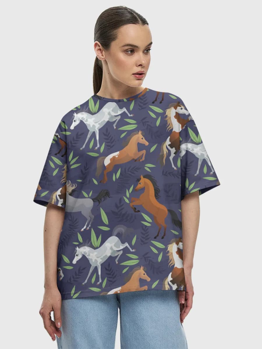 Prancing Horses And Leaves — Women's oversized cotton T-shirt with all-over print, Equestrian theme