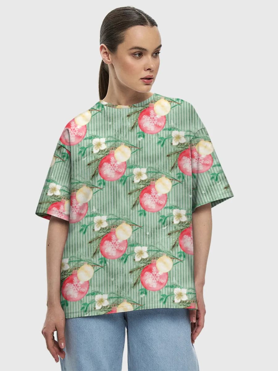 Watercolor Christmas Ornaments — Women's oversized cotton T-shirt with all-over print, Holidays theme