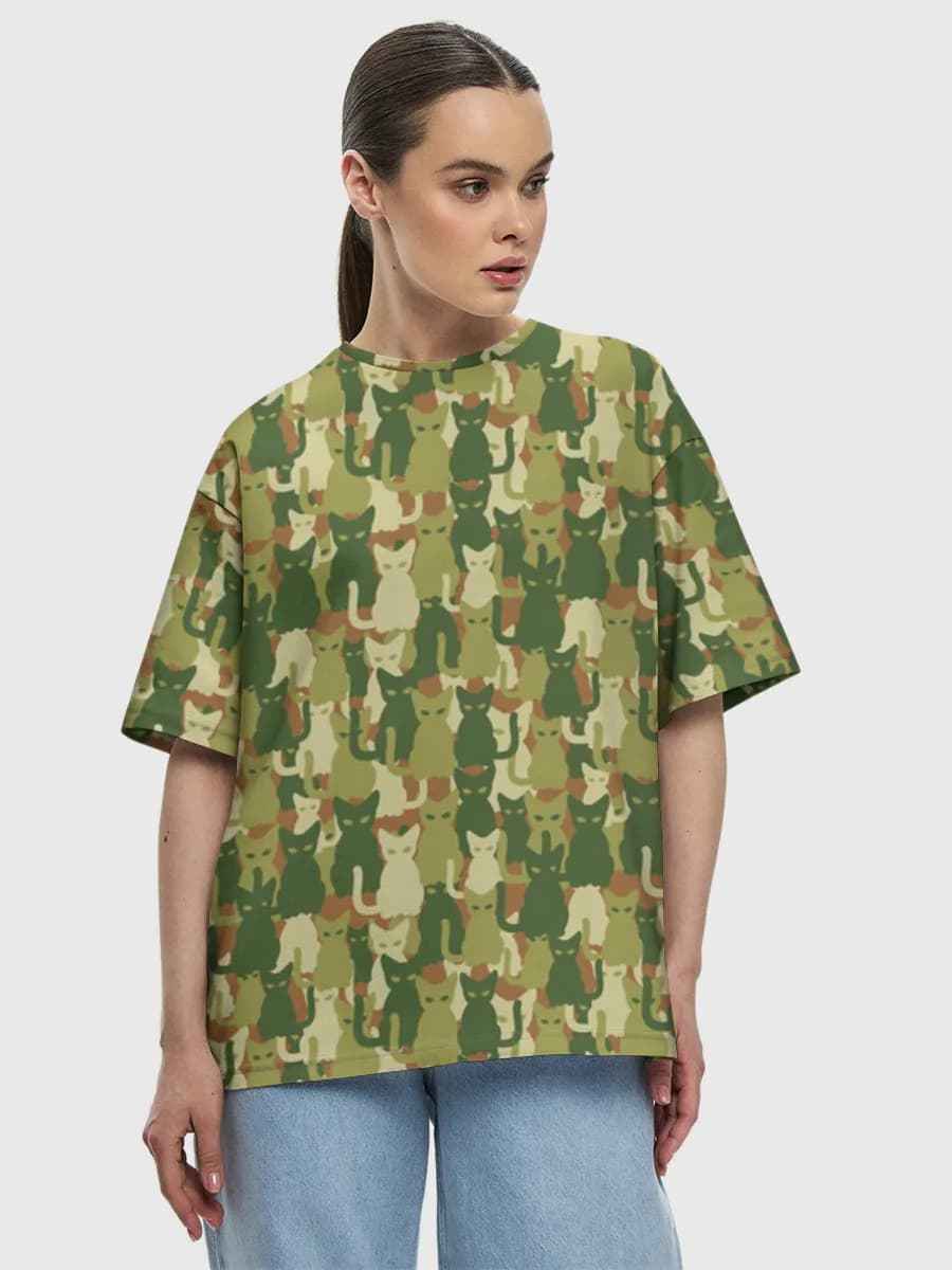 Retro Cat Crowd — Women's oversized cotton T-shirt with all-over print, Cats theme
