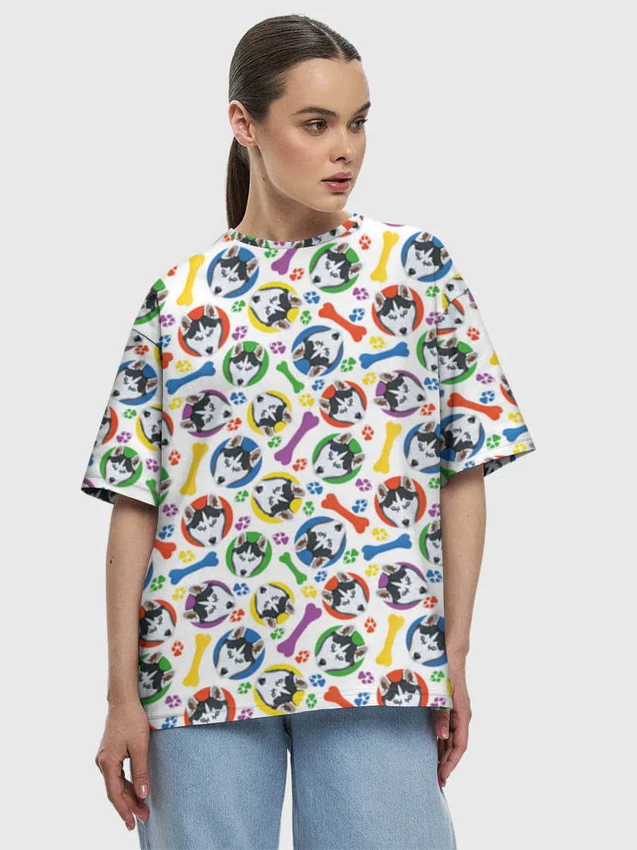 Colorful Husky Paw Prints — Women's oversized cotton T-shirt with all-over print, Dogs theme