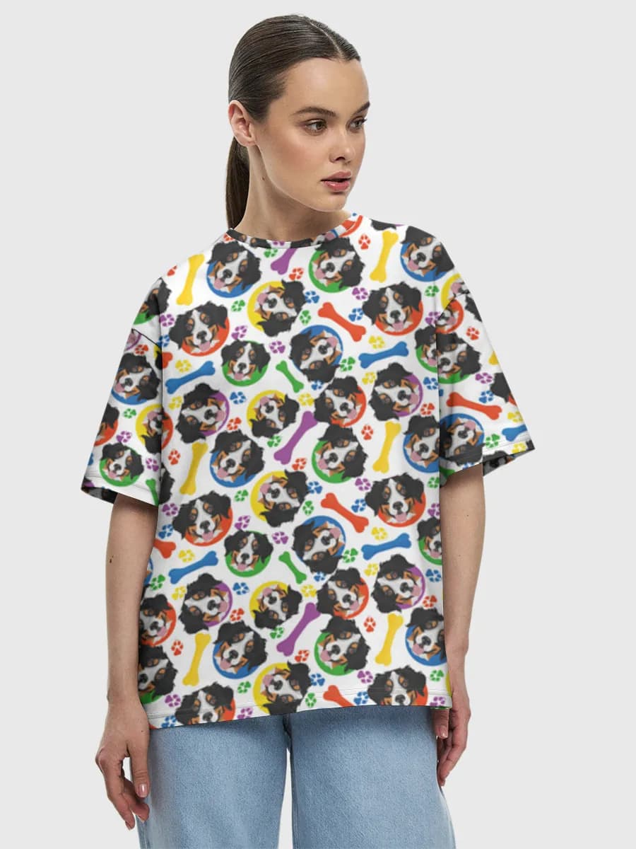 Colorful Bernese Dog Icons — Women's oversized cotton T-shirt with all-over print, Dogs theme