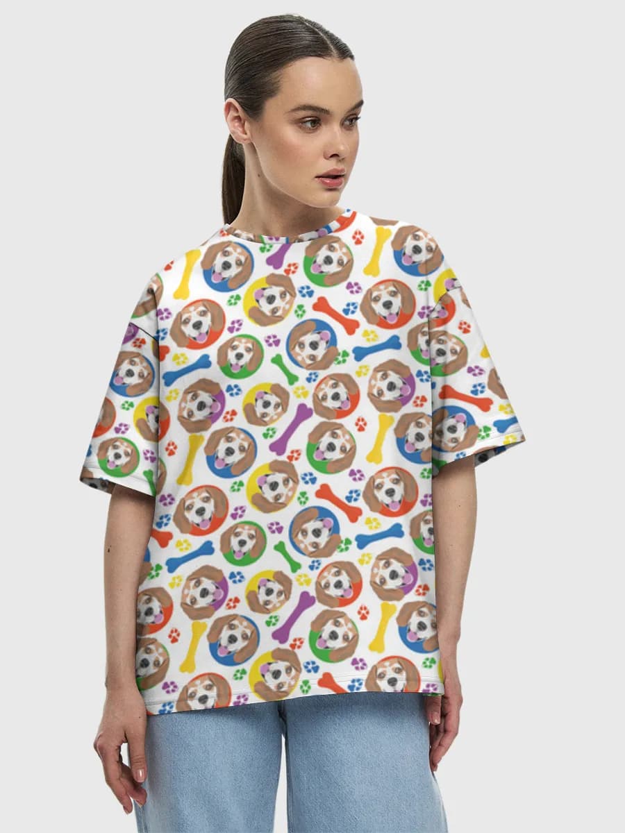 Colorful Beagle Puppy Icons — Women's oversized cotton T-shirt with all-over print, Dogs theme