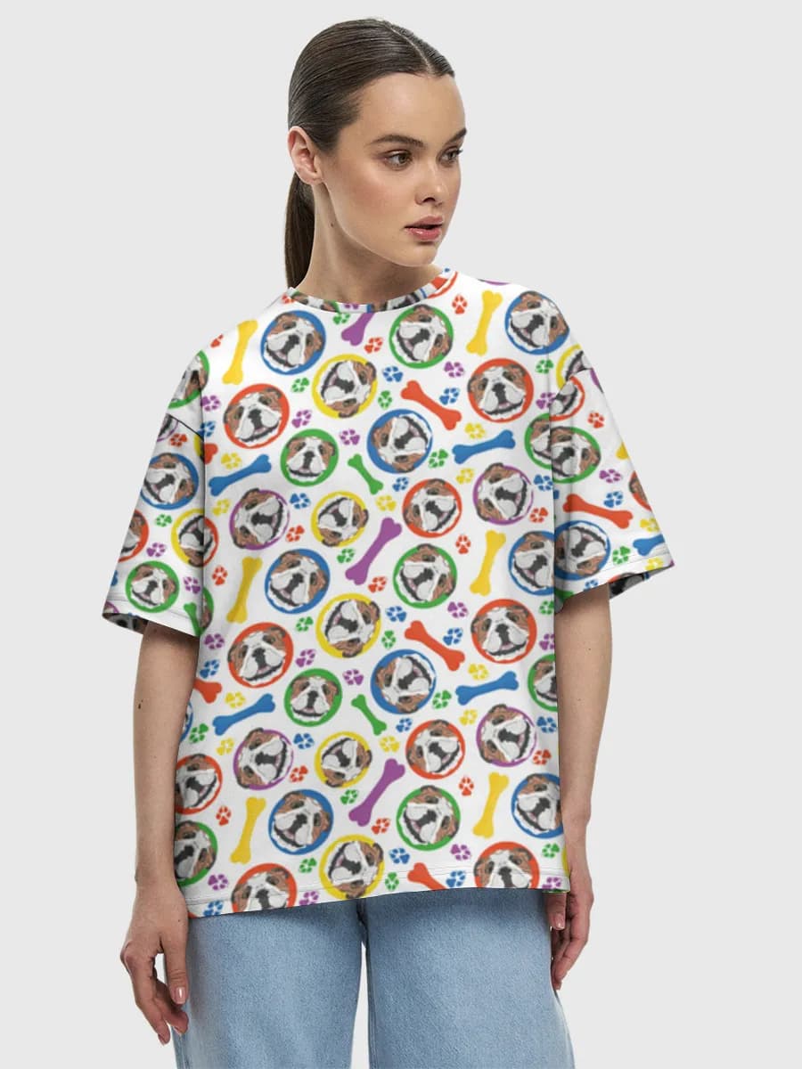 Colorful Bulldog Paw Prints — Women's oversized cotton T-shirt with all-over print, Dogs theme