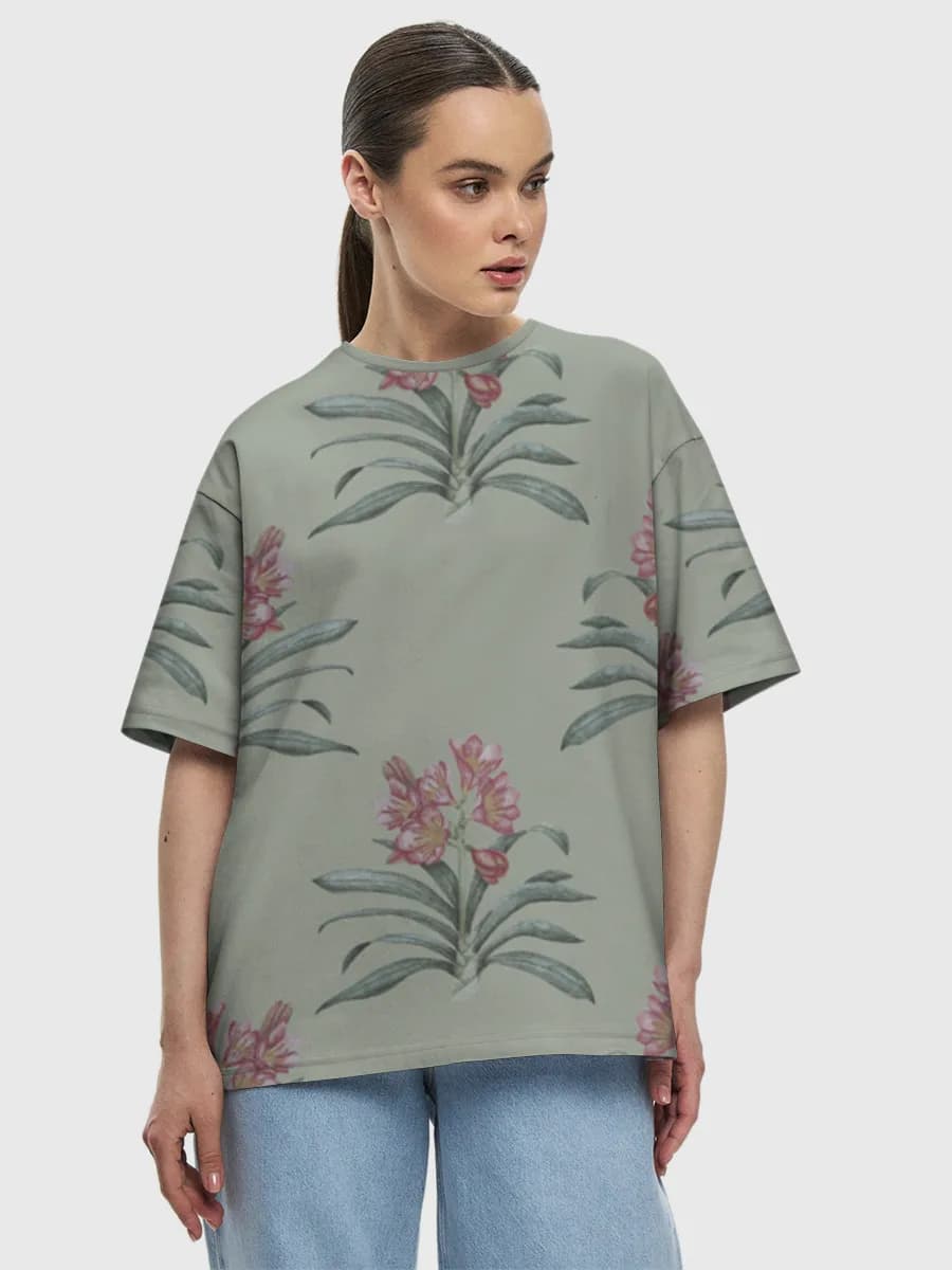 Vintage Pink Botanical Blossoms — Women's oversized cotton T-shirt with all-over print, Floral theme