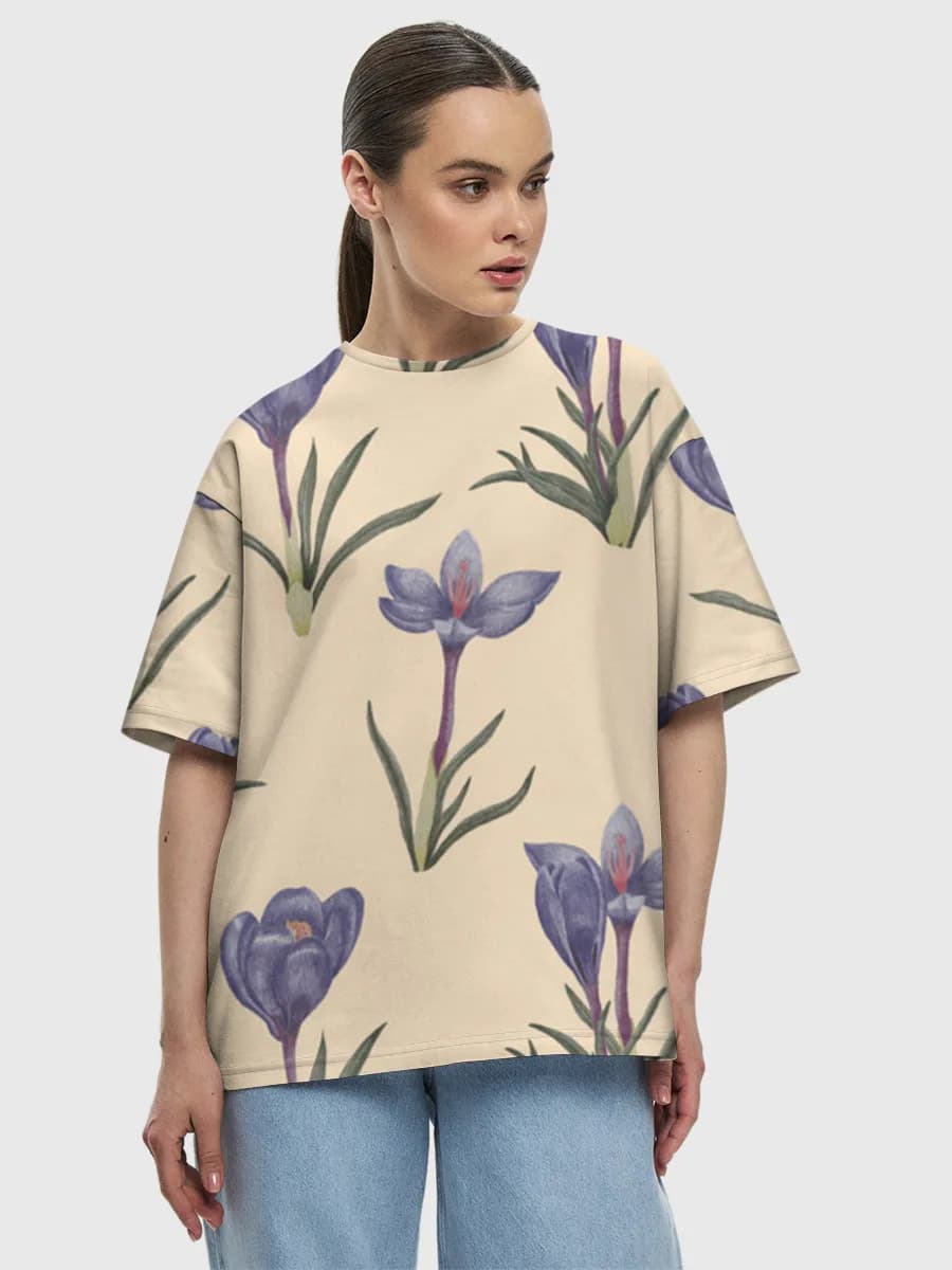 Watercolor Purple Crocus — Women's oversized cotton T-shirt with all-over print, Floral theme