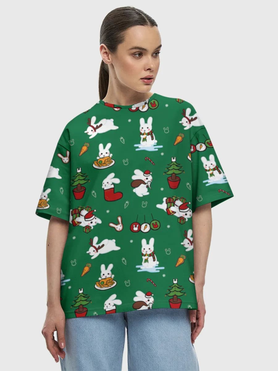 Christmas Bunny Wonderland — Women's oversized cotton T-shirt with all-over print, Bunnies theme