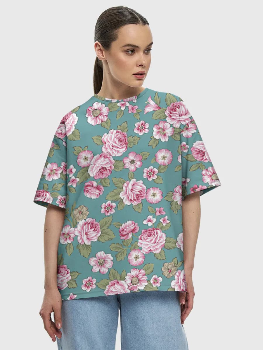 Vintage Pink Rose Floral — Women's oversized cotton T-shirt with all-over print, Floral theme