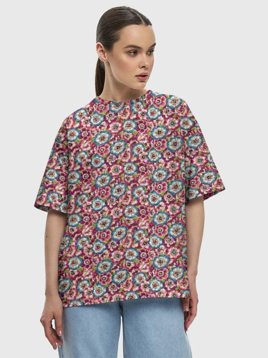 Watercolor Floral Bloom Collage — Women's oversized cotton T-shirt with all-over print, Floral theme