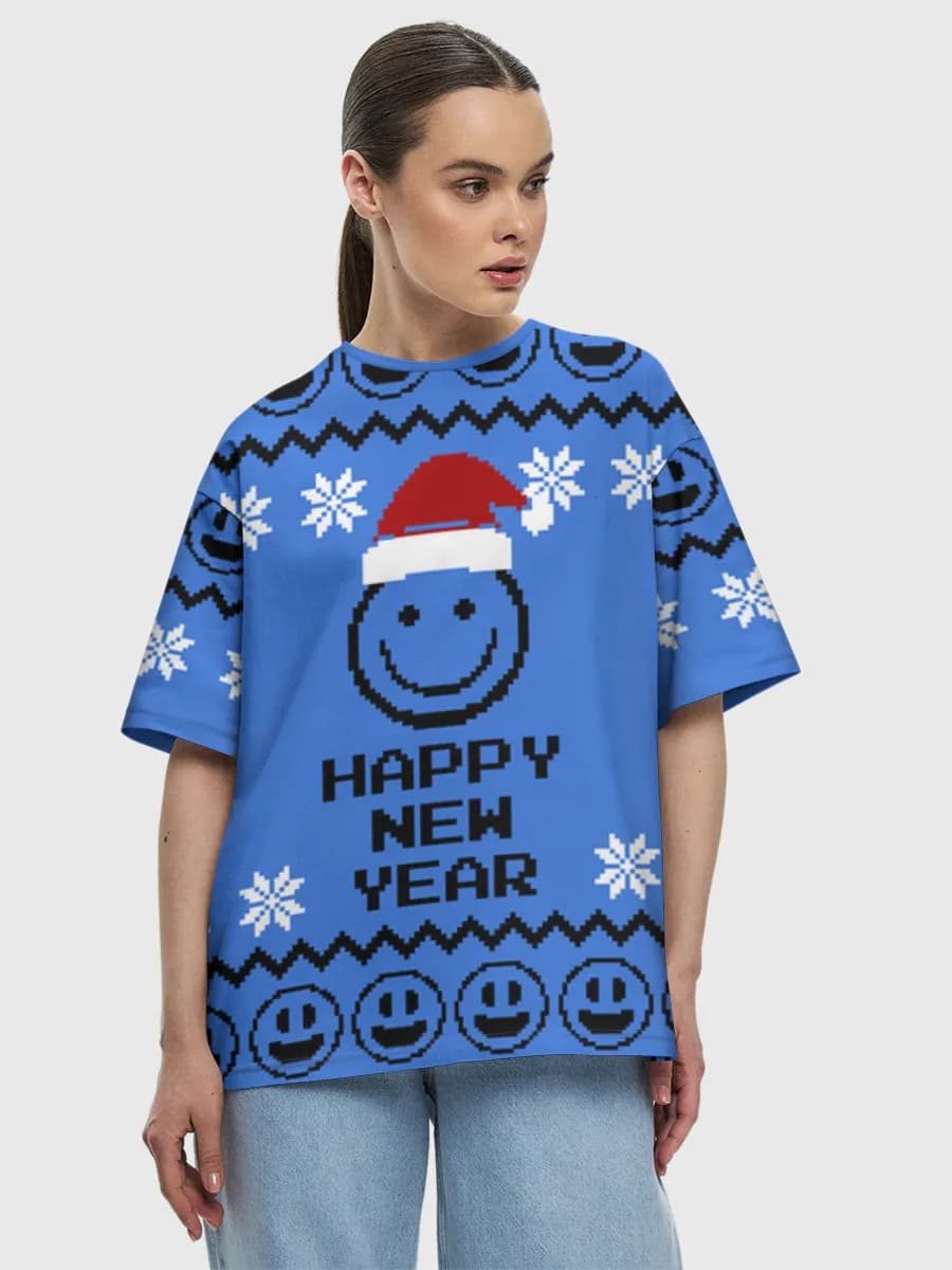Happy New Year Smiley — Women's oversized cotton T-shirt with all-over print, New Year theme
