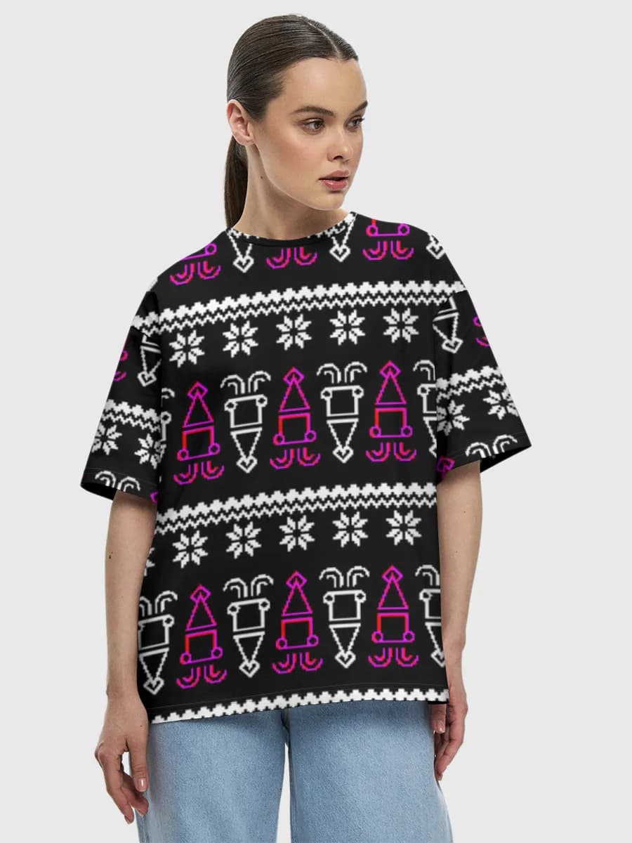 Neon Squid Fair Isle — Women's oversized cotton T-shirt with all-over print, Ugly Sweater theme