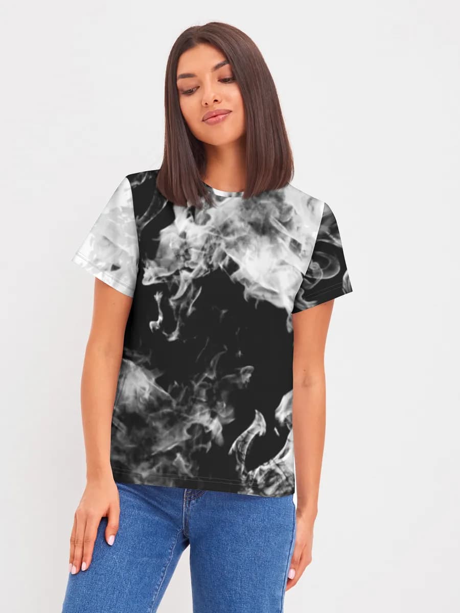 Monochrome Smoke Swirls — Women's basic cotton T-shirt with all-over print, Smoke theme