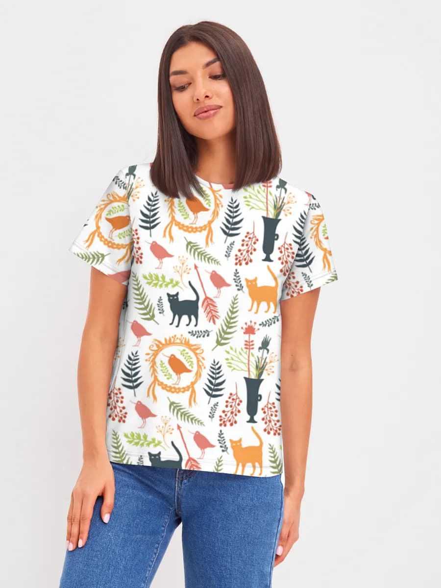 Cats And Botanical Folk Art — Women's basic cotton T-shirt with all-over print, Cats theme