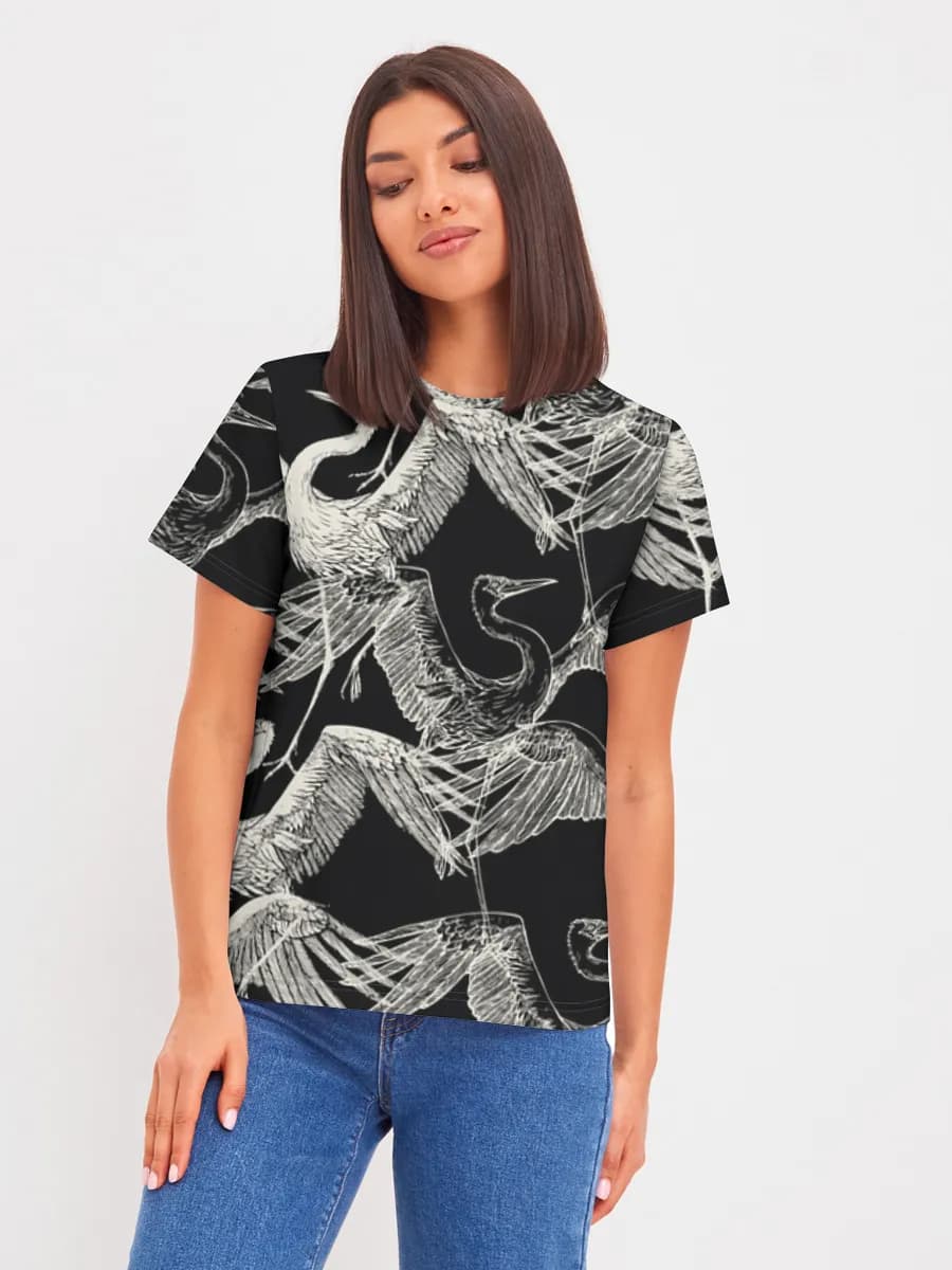 Monochrome Herons in Flight — Women's basic cotton T-shirt with all-over print, Birds theme
