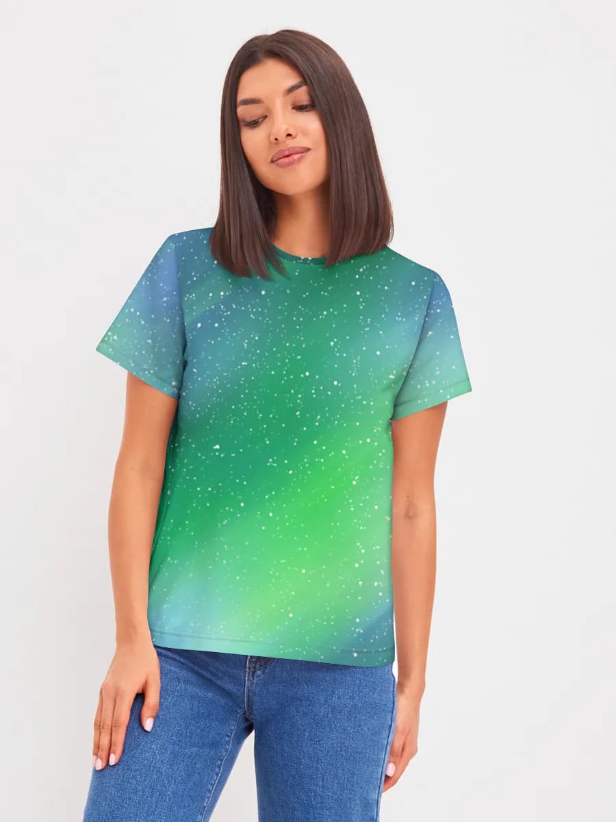 Emerald Galaxy Glow — Women's basic cotton T-shirt with all-over print, Space theme