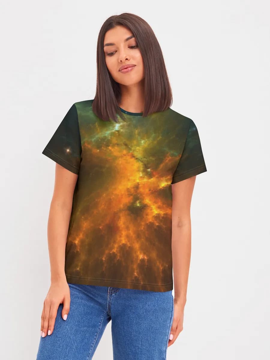 Cosmic Nebula Burst — Women's basic cotton T-shirt with all-over print, Space theme
