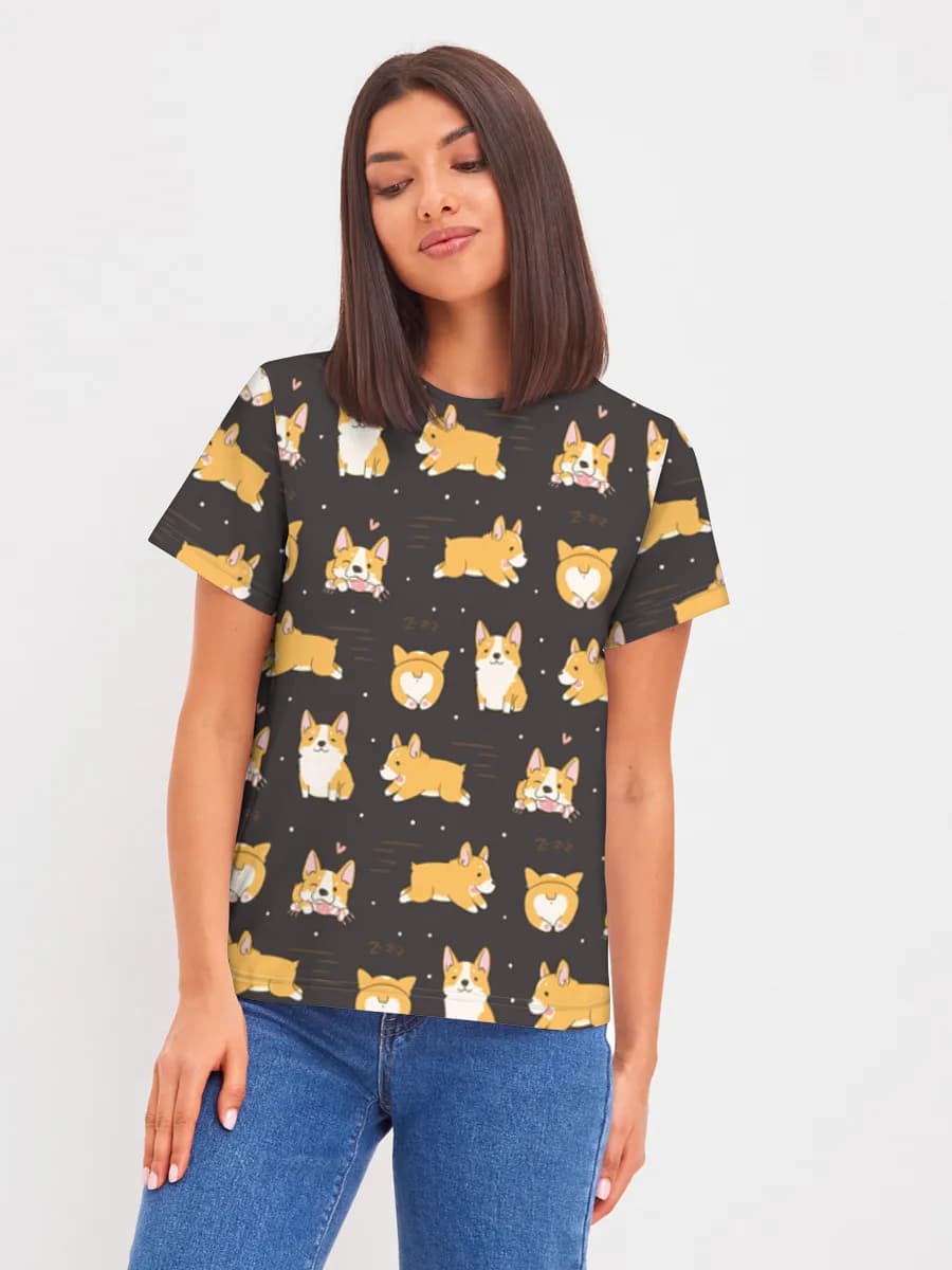 Cute Corgi Doodles — Women's basic cotton T-shirt with all-over print, Corgi theme