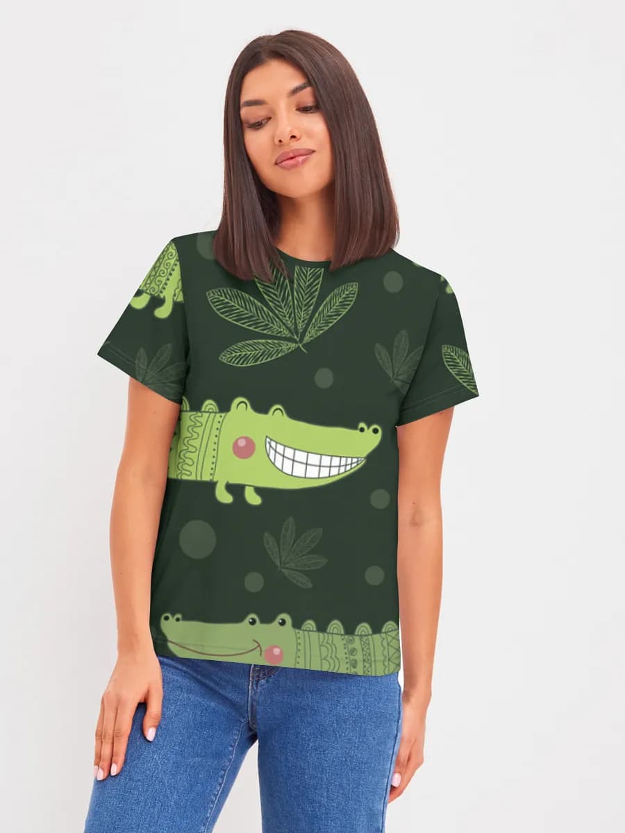 Cute Crocodiles And Leaves — Women's basic cotton T-shirt with all-over print, Crocodile theme