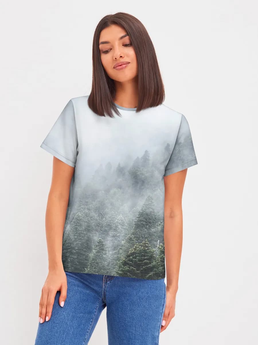 Misty Mountain Forest — Women's basic cotton T-shirt with all-over print, Forest theme
