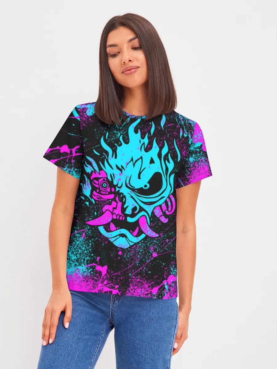 Neon Flaming Skull — Women's basic cotton T-shirt with all-over print, Skulls theme