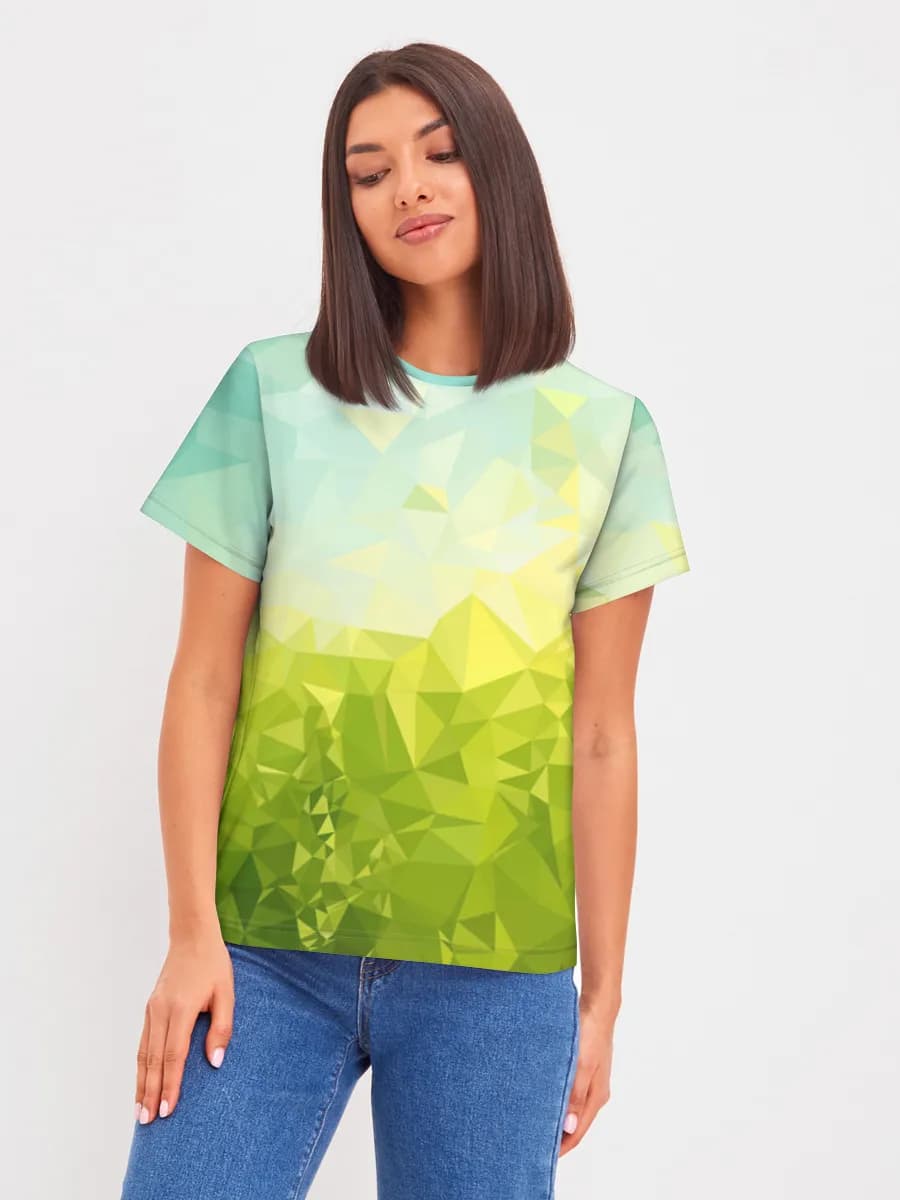 Low Poly Green Hills — Women's basic cotton T-shirt with all-over print, Abstract theme