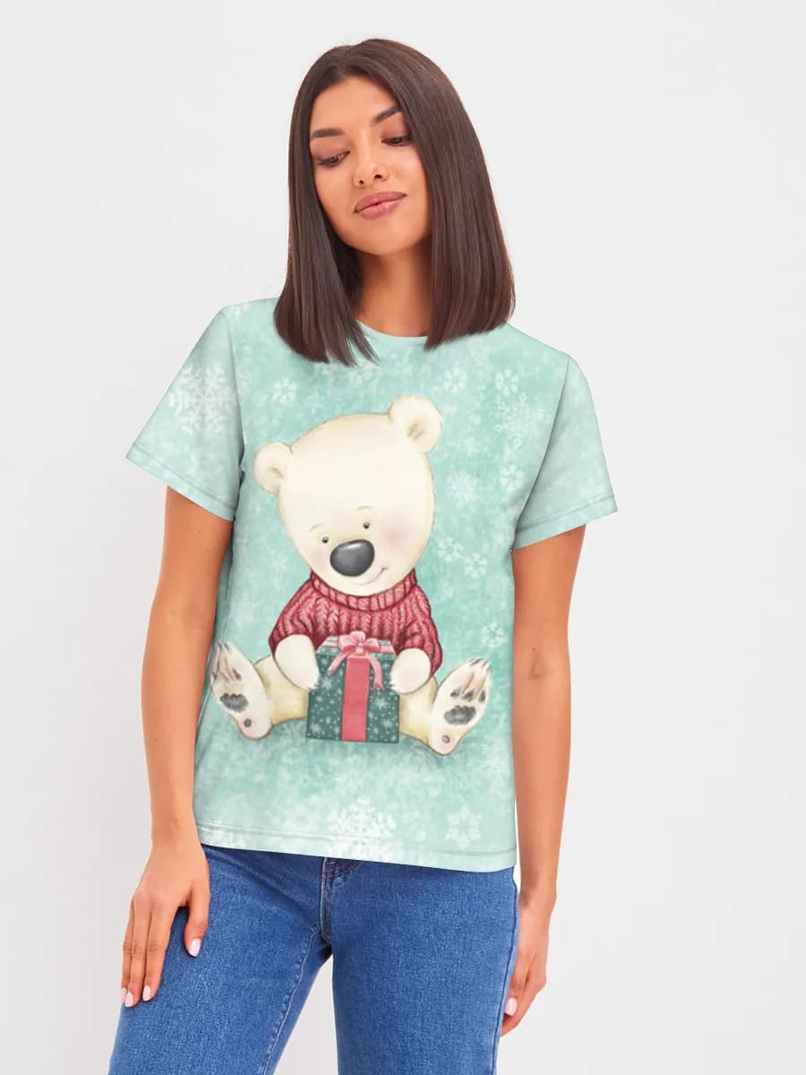 Cozy Polar Bear Gift — Women's basic cotton T-shirt with all-over print, Holidays theme