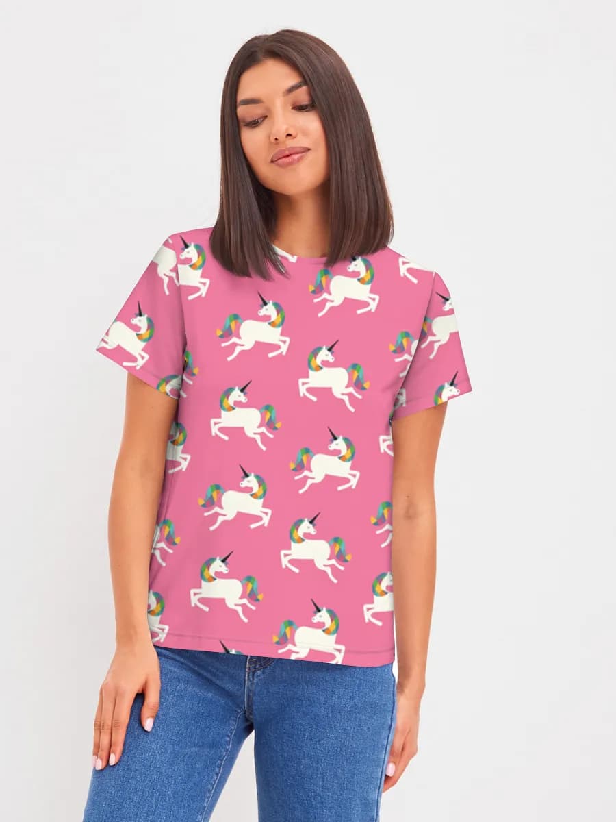 Rainbow Unicorn Parade — Women's basic cotton T-shirt with all-over print, Unicorn theme