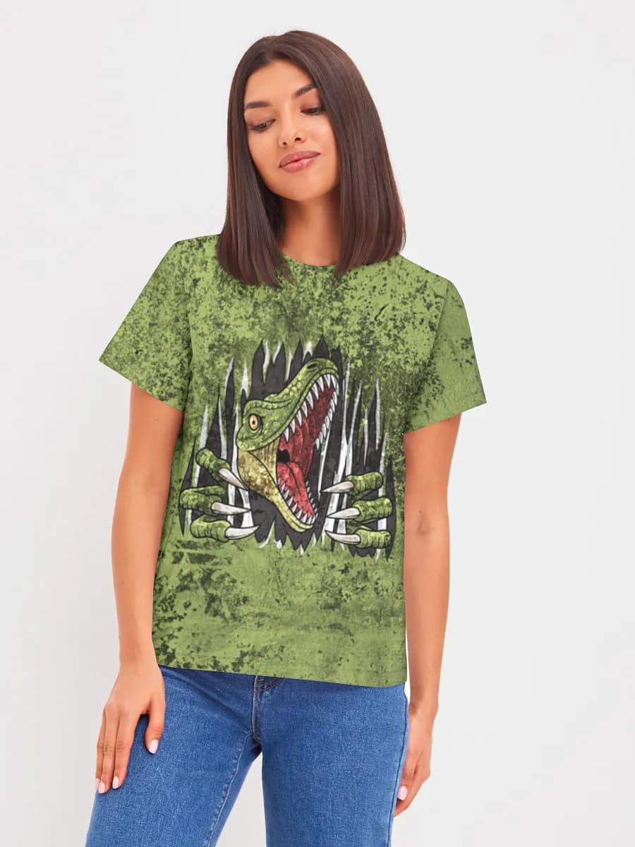 Dinosaur Breaking Through — Women's basic cotton T-shirt with all-over print, Dinosaurs theme