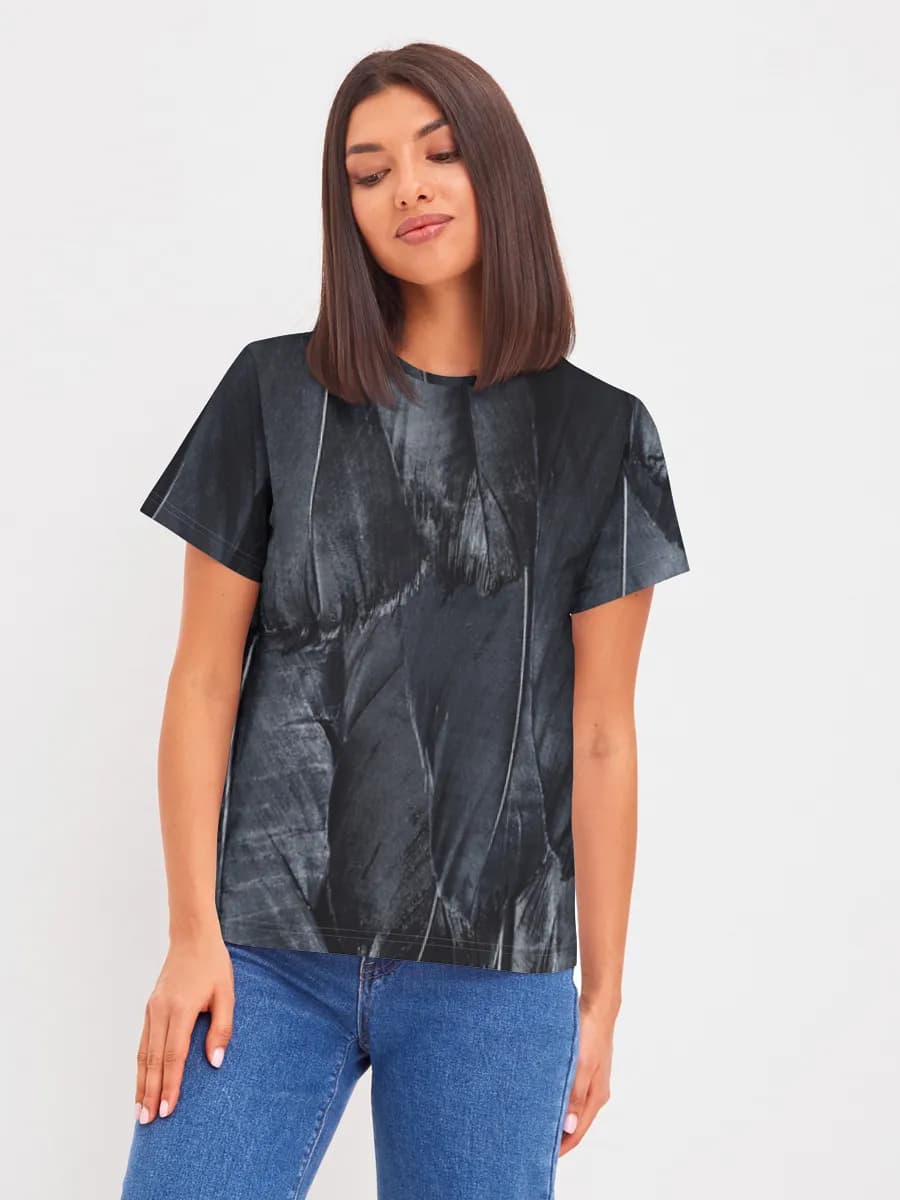 Black Feather Texture — Women's basic cotton T-shirt with all-over print, Feathers theme