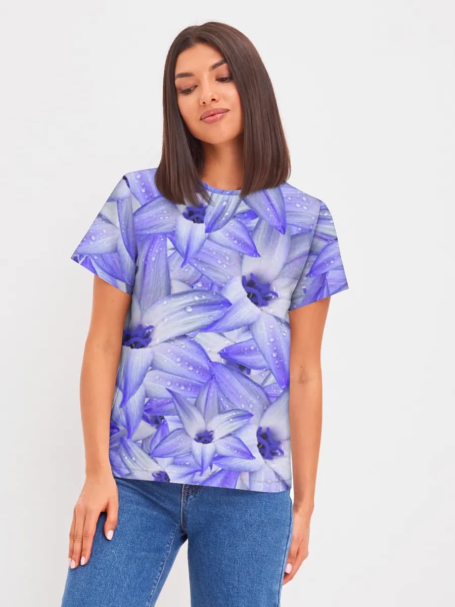 Blue Wildflower Petals — Women's basic cotton T-shirt with all-over print, Floral theme