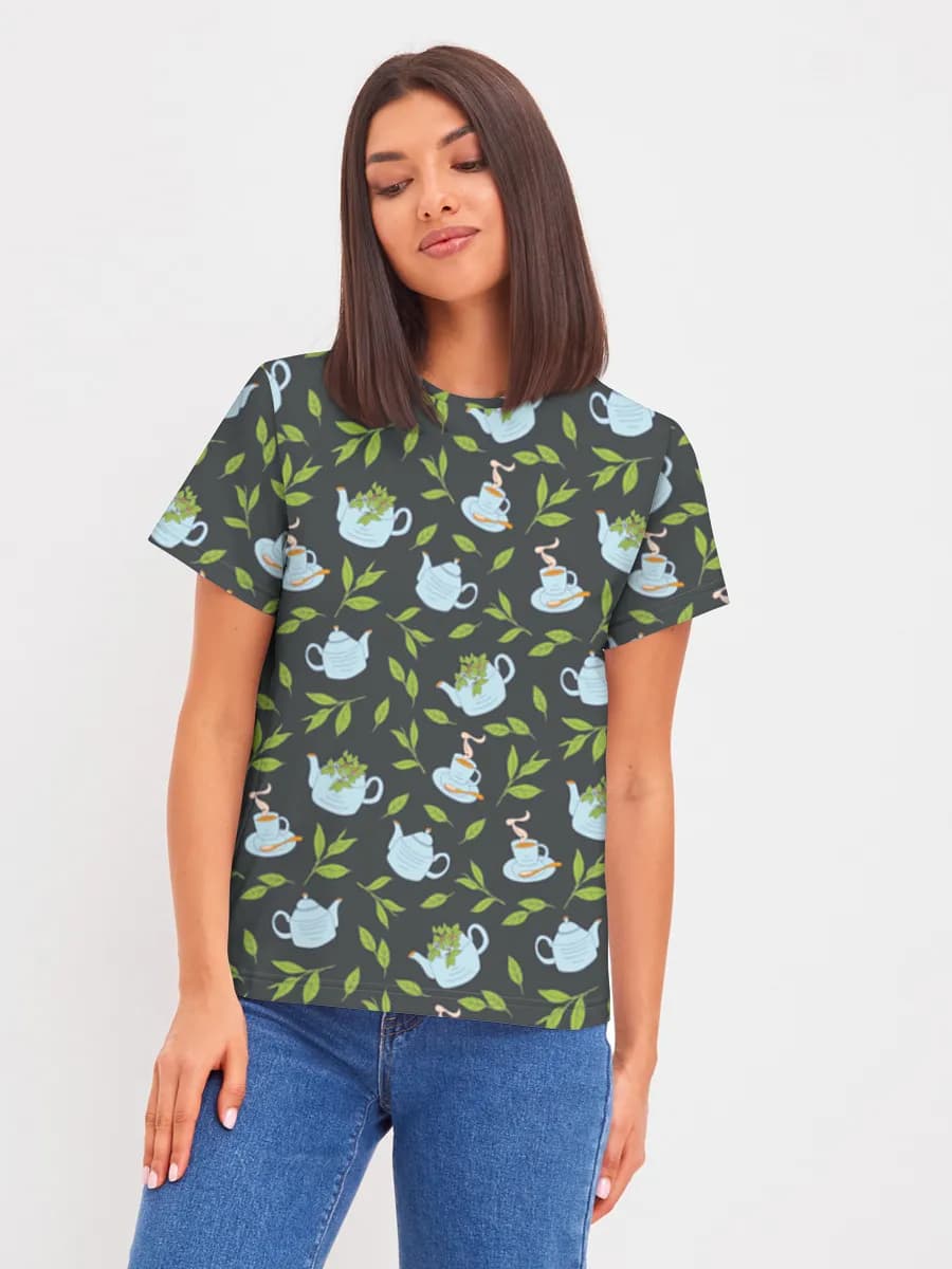 Tea Time Botanical Motif — Women's basic cotton T-shirt with all-over print, Tea theme