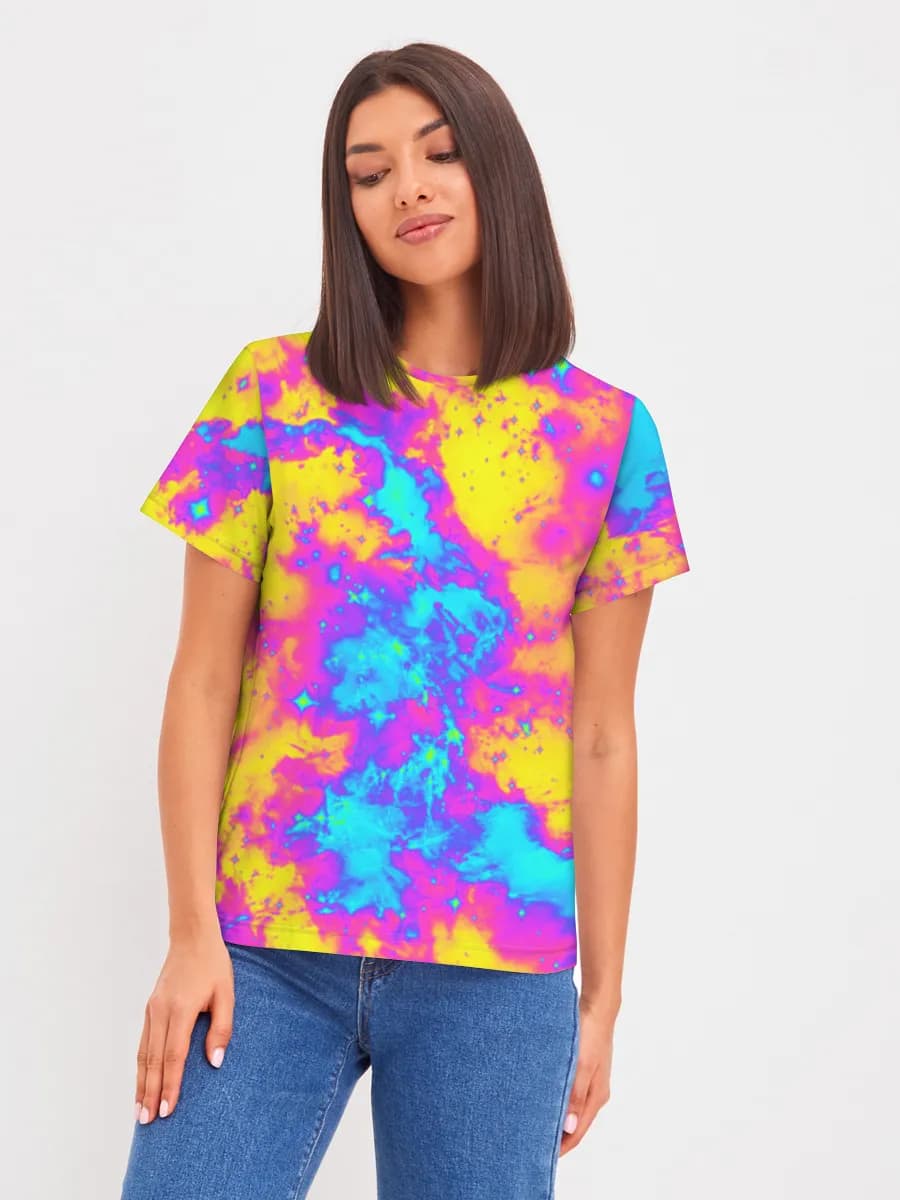 Neon Psychedelic Nebula — Women's basic cotton T-shirt with all-over print, Psychedelic theme