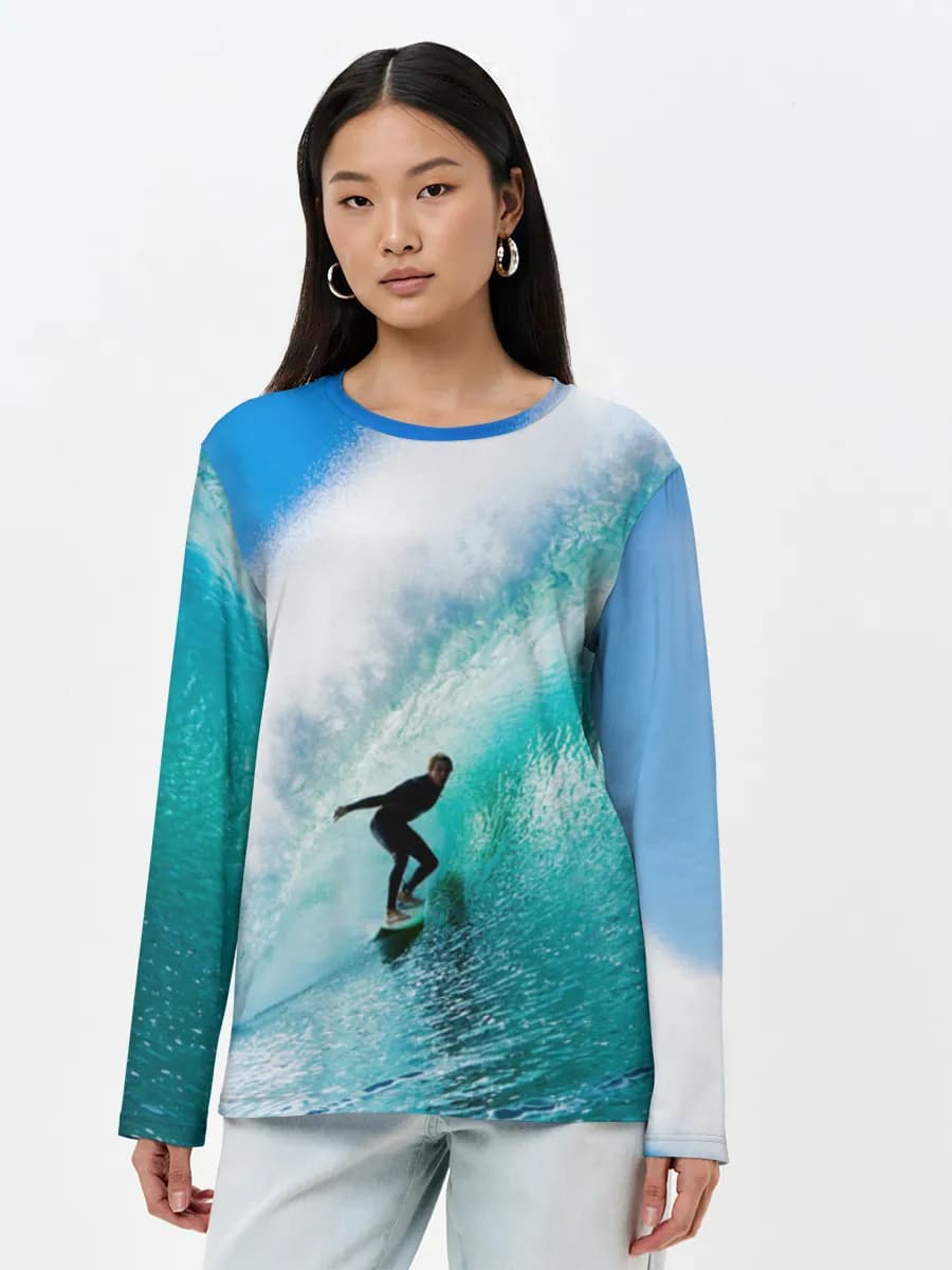 Surfing The Blue Barrel — Women's long sleeve shirt. Cotton with all-over print, Surfing theme