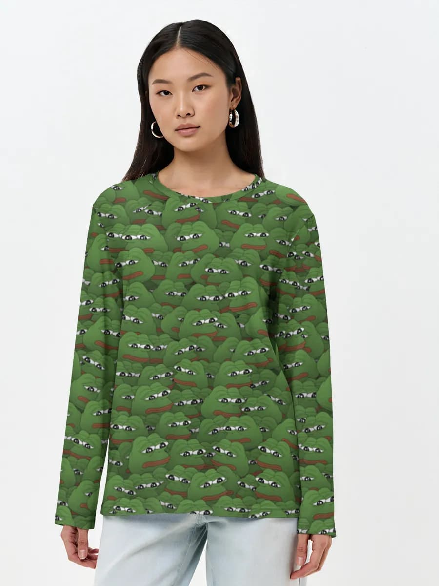 Sad Frog Meme Collage — Women's long sleeve shirt. Cotton with all-over print, Internet Meme theme