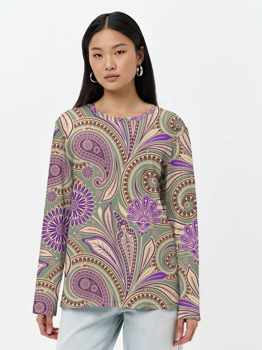 Purple Paisley Floral Swirls — Women's long sleeve shirt. Cotton with all-over print, Paisley theme
