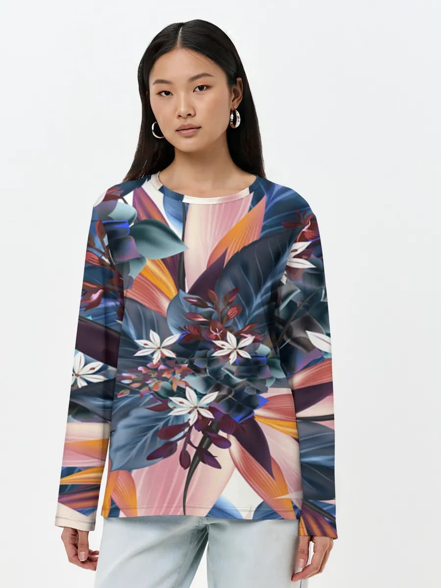 Tropical Dark Florals — Women's long sleeve shirt. Cotton with all-over print, Floral theme