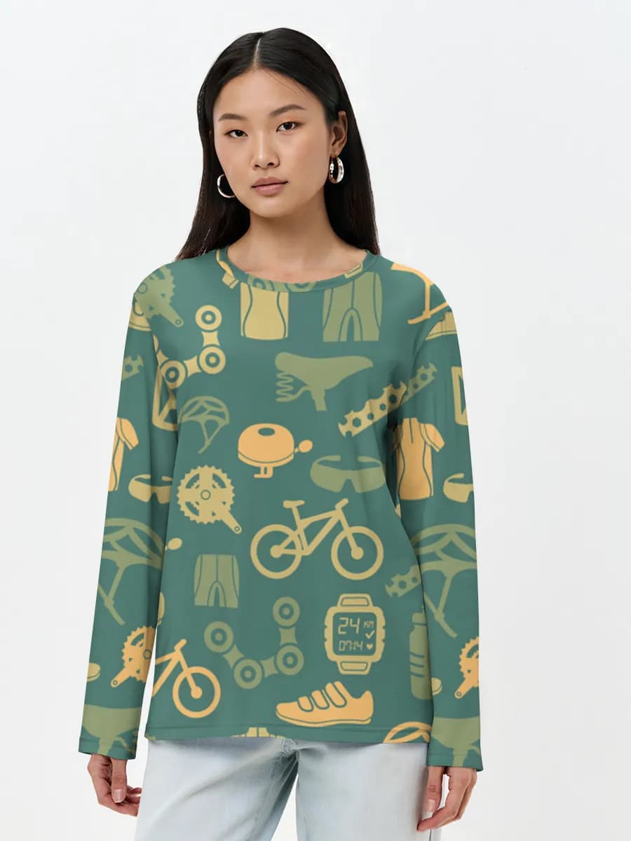 Cycling Gear Icons — Women's long sleeve shirt. Cotton with all-over print, Cycling theme