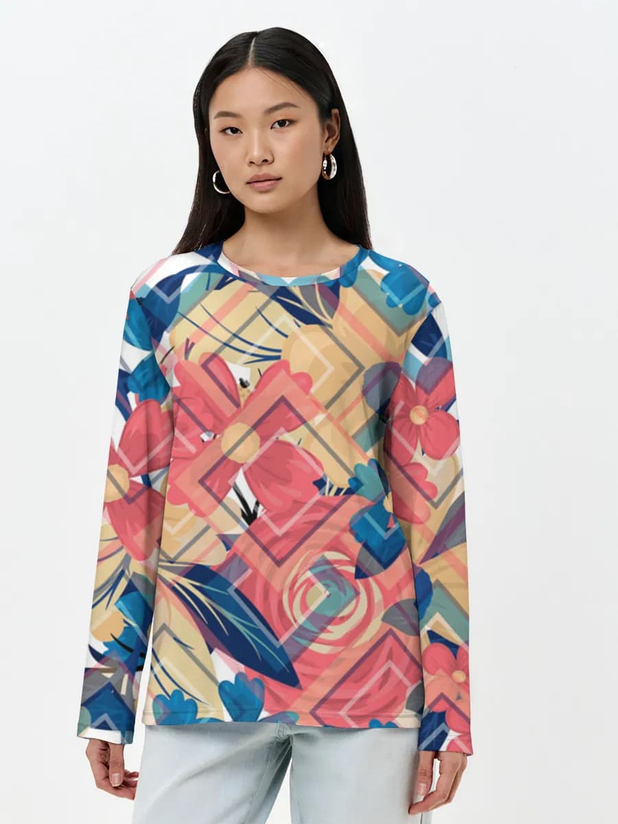 Watercolor Floral Geometry — Women's long sleeve shirt. Cotton with all-over print, Floral theme
