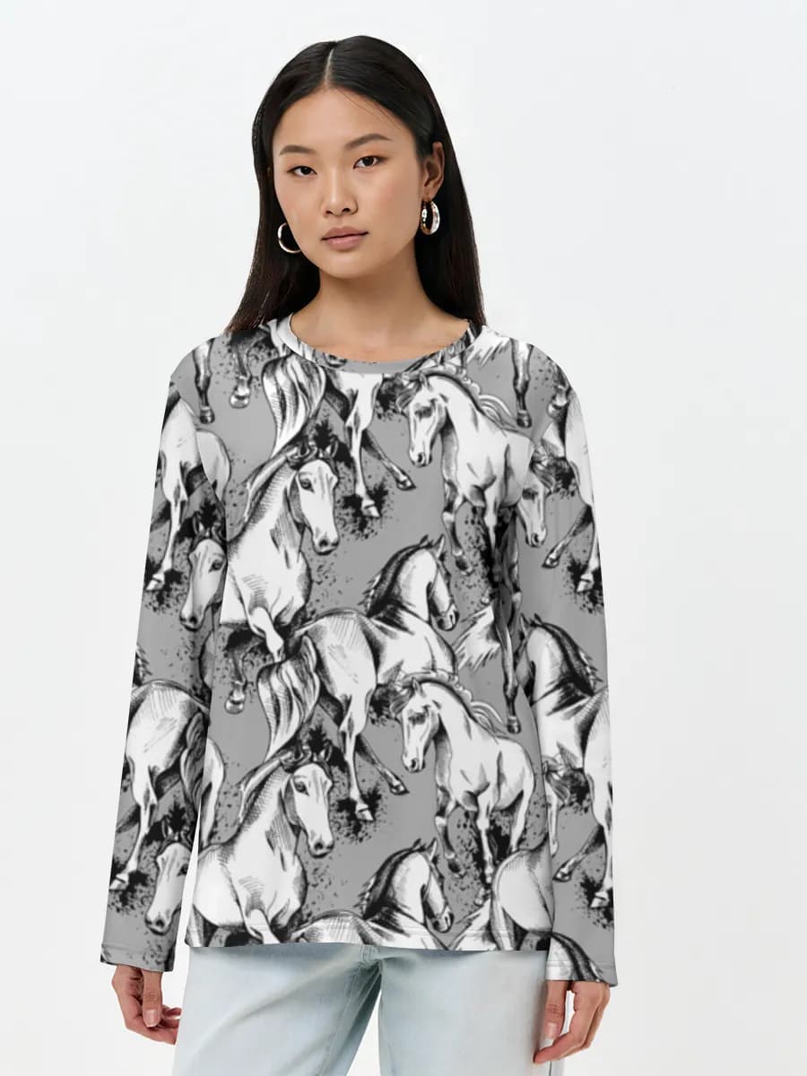 Running Horses Sketch — Women's long sleeve shirt. Cotton with all-over print, Equestrian theme